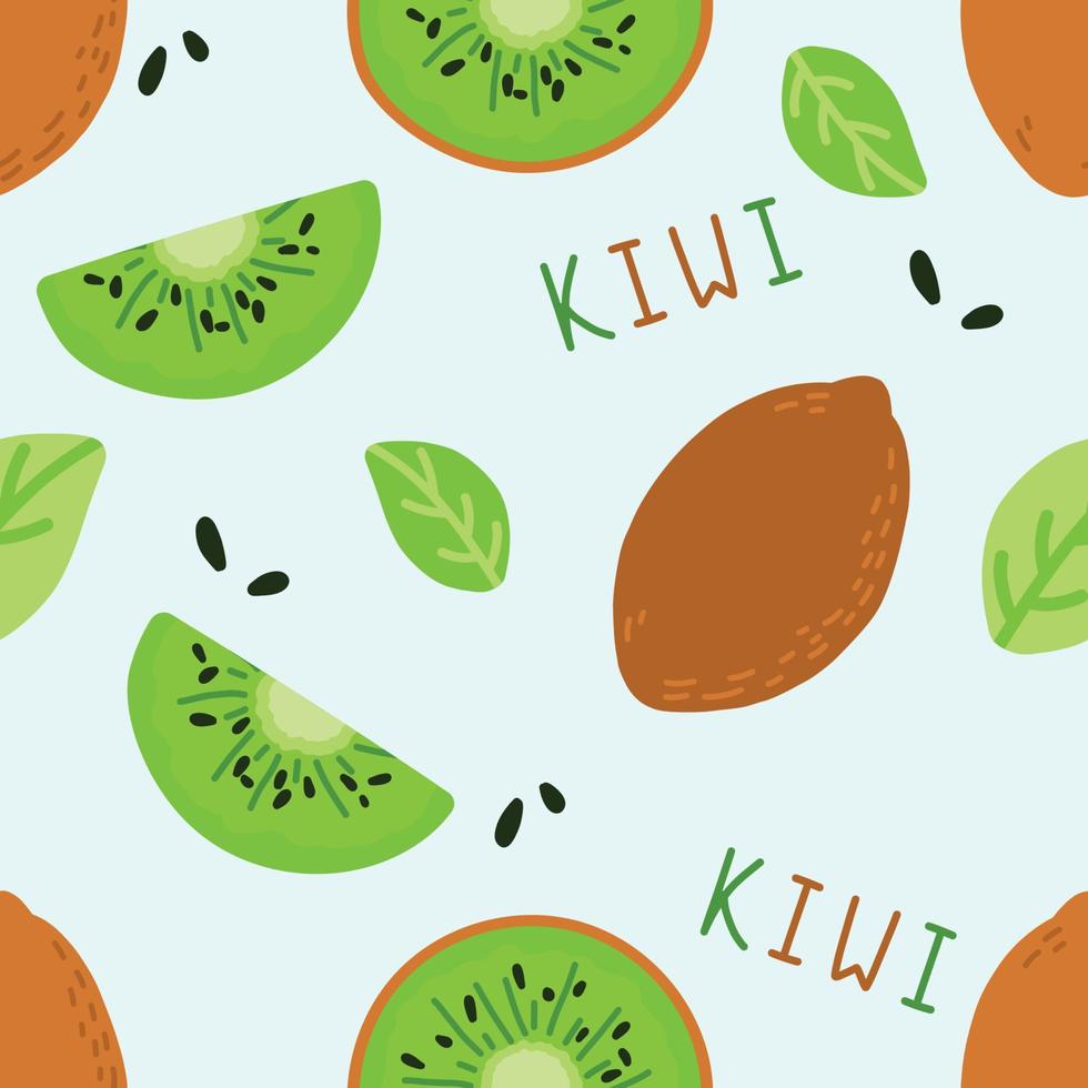 padrão bonito com fatias de kiwi e kiwi dos desenhos animados com folhas no fundo branco vetor