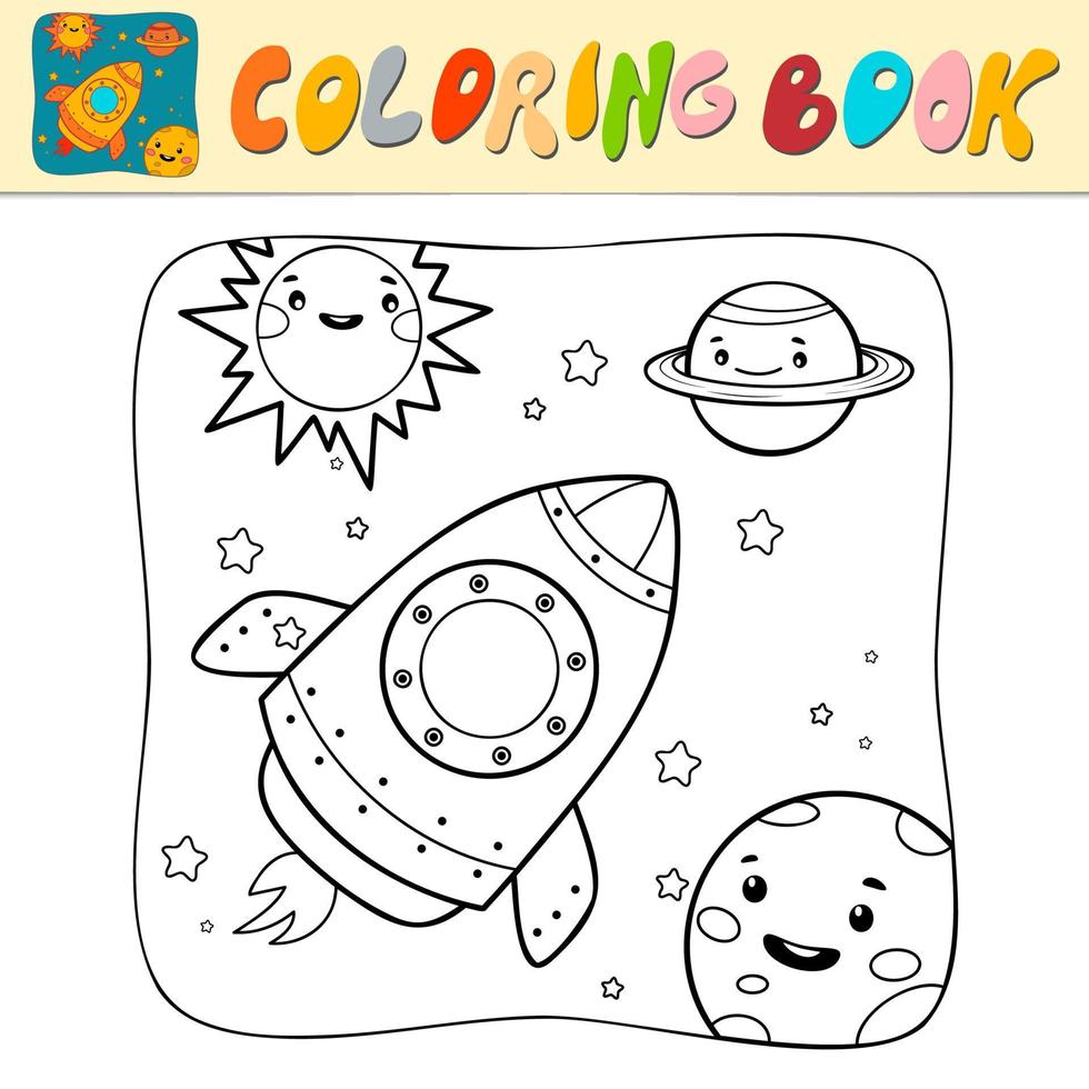 livro para colorir ou página para colorir para crianças. vetor preto e branco do foguete espacial. fundo da natureza