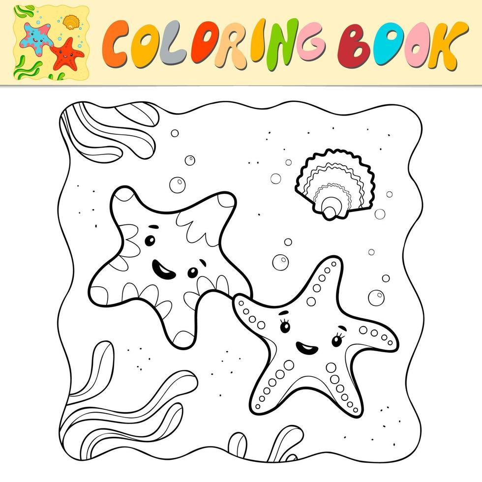 livro para colorir ou página para colorir para crianças. vetor preto e branco estrela do mar. fundo marinho