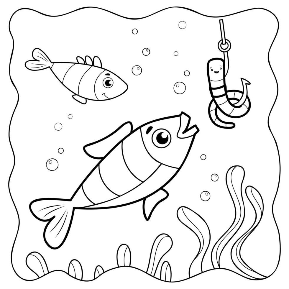 peixe preto e branco. livro para colorir ou página para colorir para crianças. fundo marinho vetor