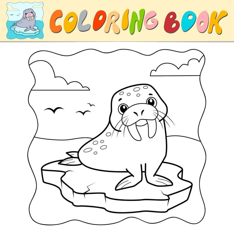 livro para colorir ou página para colorir para crianças. vetor de morsa preto e branco. fundo marinho