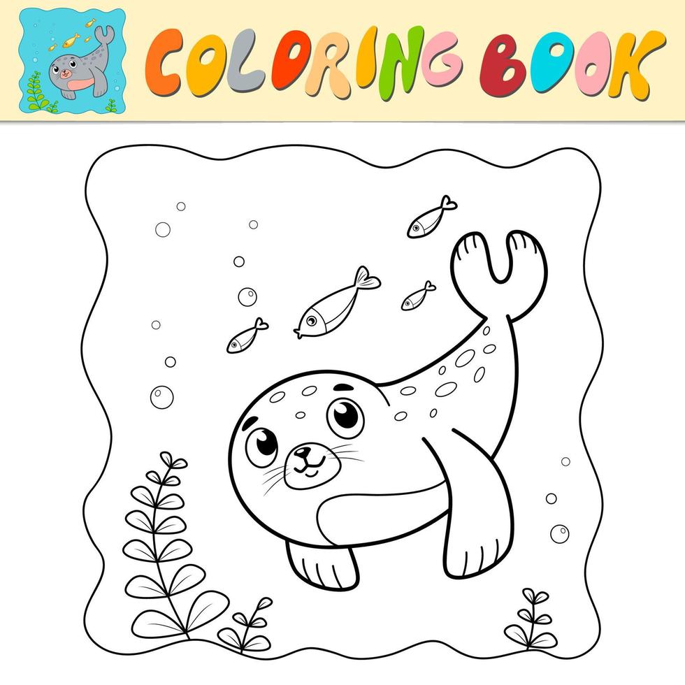 livro para colorir ou página para colorir para crianças. selar o vetor preto e branco. fundo marinho