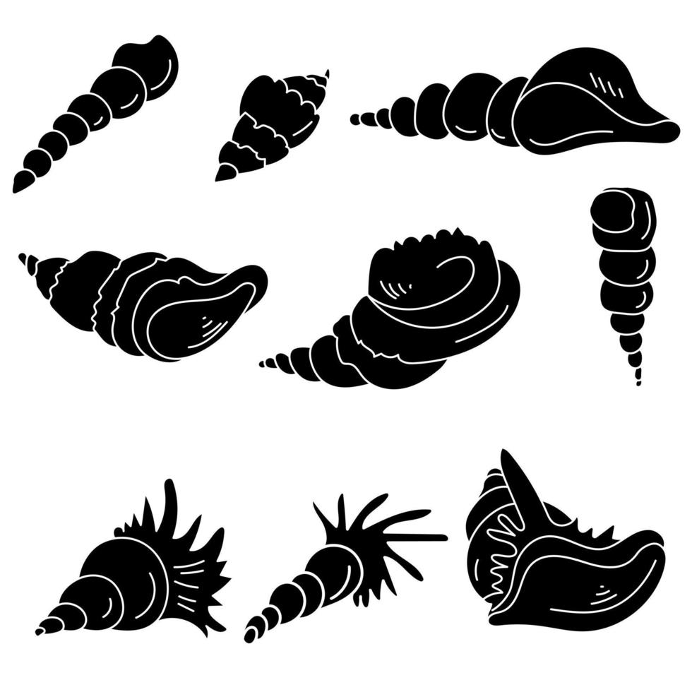 silhuetas de marisco com conchas enroladas, conchas de habitantes do mar vetor