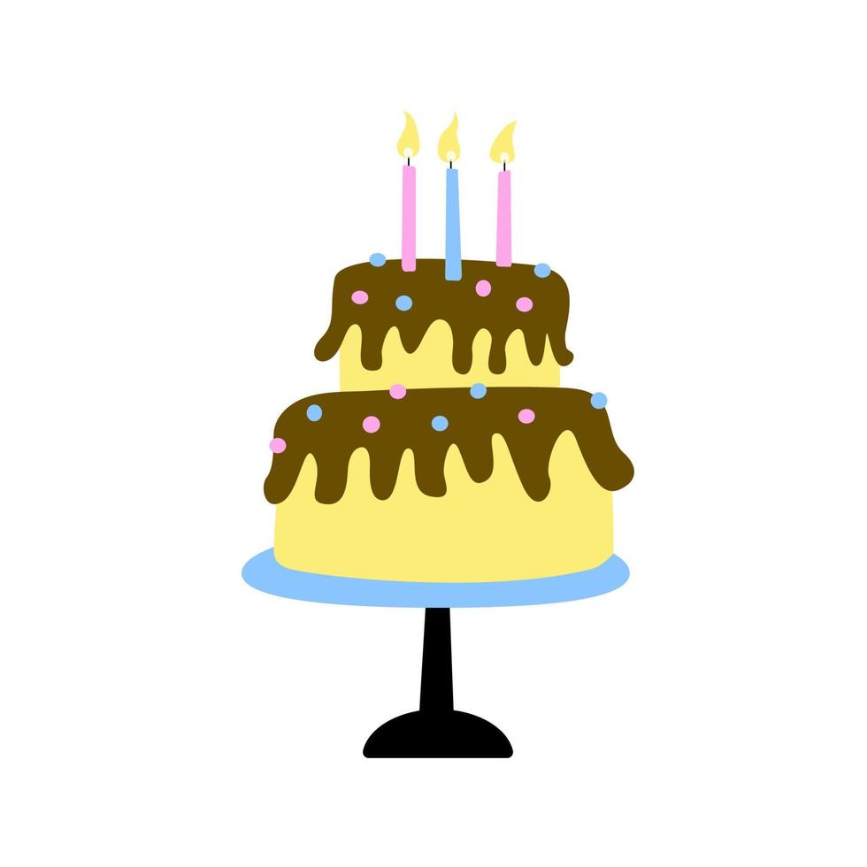 bolo de aniversário com velas acesas isoladas no fundo branco. mão desenhada ilustração plana. ótimo para cartões. vetor