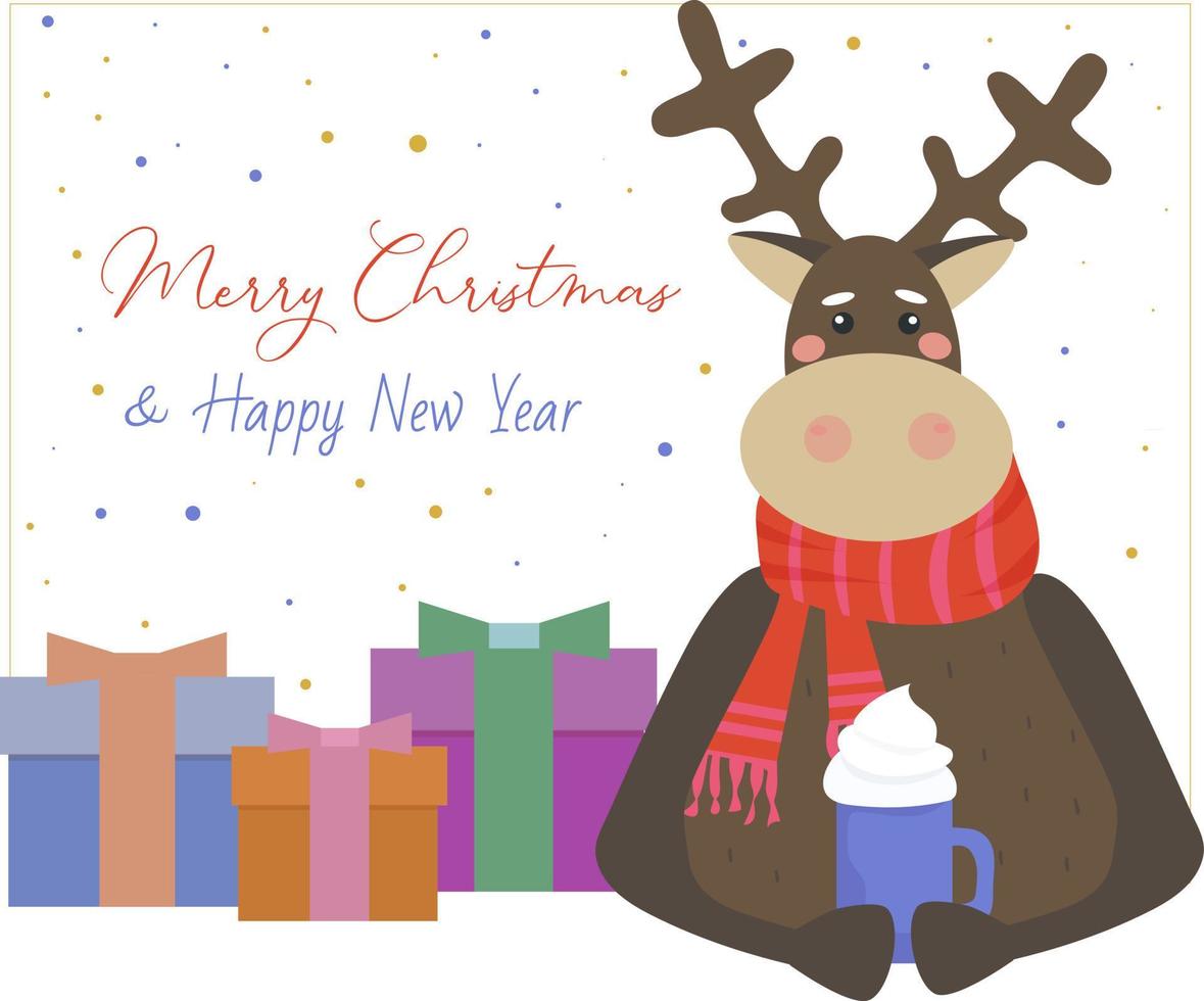 cartão de feliz natal. rena bonita em um lenço vermelho de crochê, caneca de café quente. presentes próximos em caixas decoradas vetor