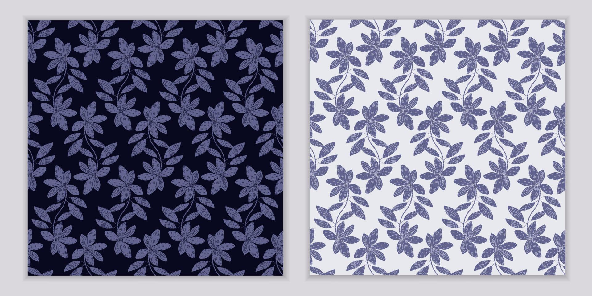 conjunto de dois padrões botânicos sem costura. flores em galhos com folhas. mão desenhada em fundo escuro e branco vetor