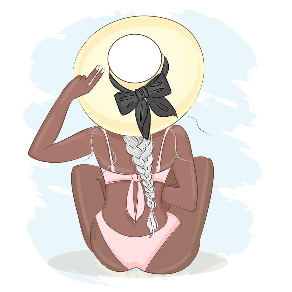 ilustração de moda de menina elegante na moda de chapéu e maiô relaxando nas férias, ilustração de menina loira na praia, vetor de design de verão