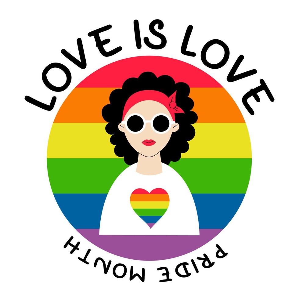 mês do orgulho lgbt. amor é amor. linda garota lésbica na bandeira redonda do orgulho lgbt nas cores do arco-íris. símbolo lgbtq. direitos humanos e tolerância. ilustração vetorial. celebração groovy. vetor