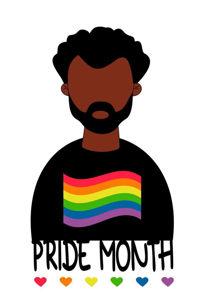 mês do orgulho lgbt. homem gay étnico preto com onda de bandeira lgbtq arco-íris na camiseta. símbolo lgbtq. direitos humanos e tolerância. ilustração vetorial. celebração groovy da parada gay. vetor