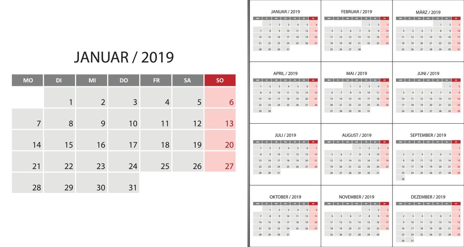 calendário 2019 semana começar na segunda-feira vetor
