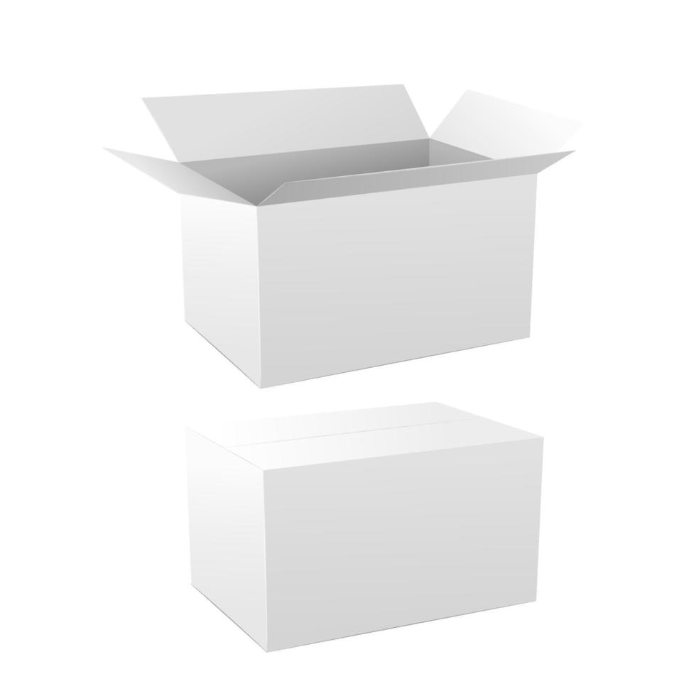 conjunto de embalagens cosméticas ou médicas retangulares de papelão realistas, caixas de papel. maquete realista de uma caixa de papelão branca, modelos 3d em branco. vetor