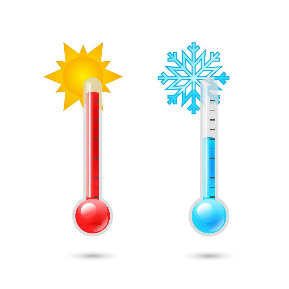 termômetros climáticos de temperatura com escalas Celsius e Fahrenheit. conjunto de ícones de termômetro de tempo 3d realista de dois vetores. sol e floco de neve. termômetro quente frio. vetor de meteorologia do termostato
