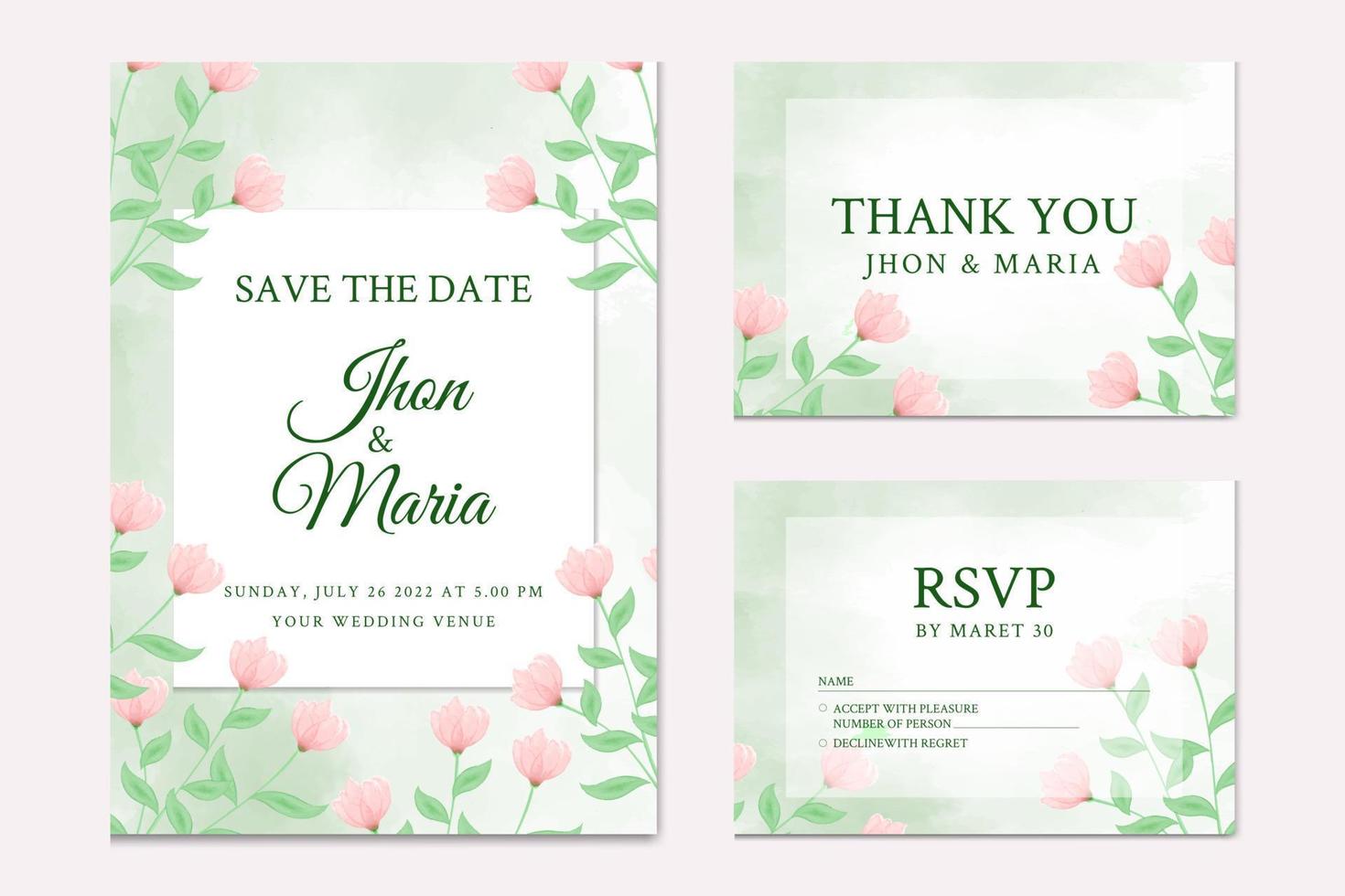 modelo de cartão de convite de casamento de cor de água floral de lindas folhas verdes vetor