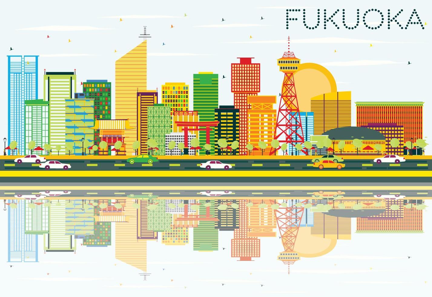 horizonte abstrato fukuoka com edifícios de cor, céu azul e reflexões. vetor