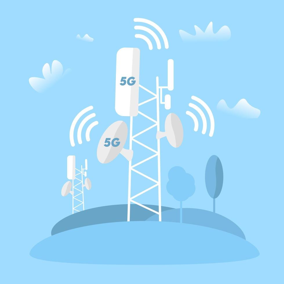 conceito de tecnologia 5g, torre transmissora configurar internet móvel de alta velocidade, redes de nova geração para comunicação e gadgets. vetor