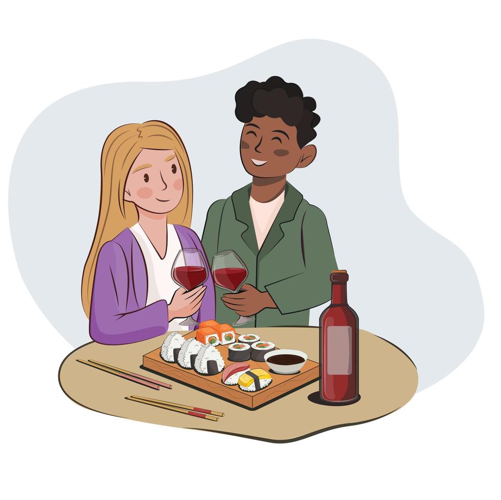 amigos de um jovem casal um cara de pele escura e uma garota loira eslava em um encontro em um café restaurante come sushi e bebe vinho. estoque de vetor plano de família lgbt não tradicional isolado em branco