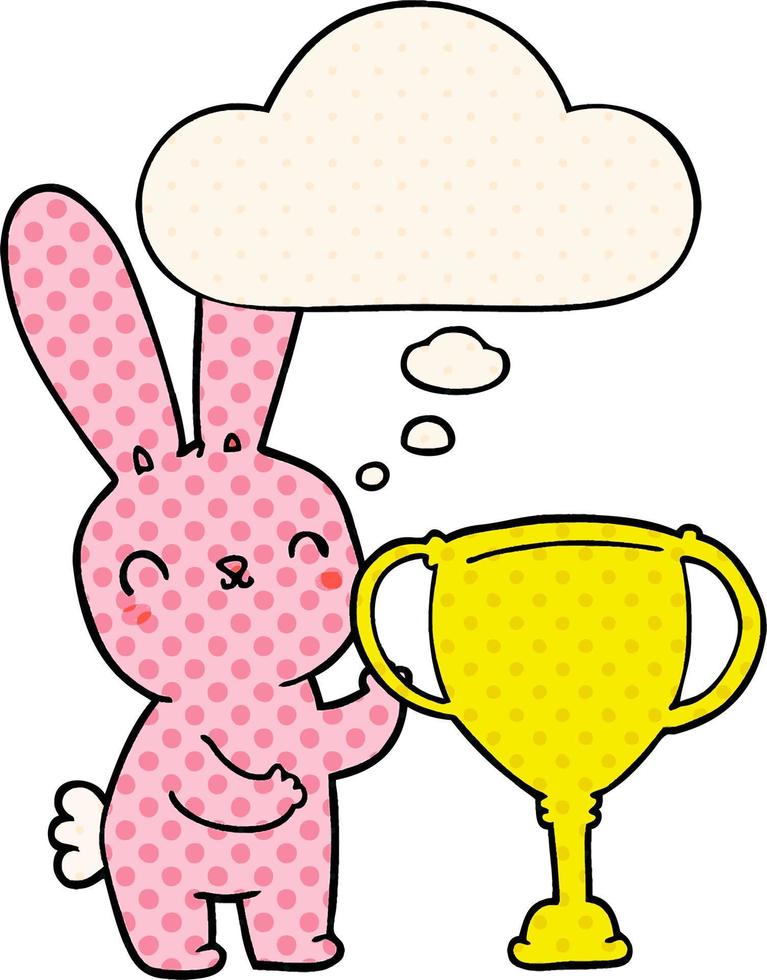 coelho bonito dos desenhos animados com copo de troféu esportivo e balão de pensamento no estilo de quadrinhos vetor