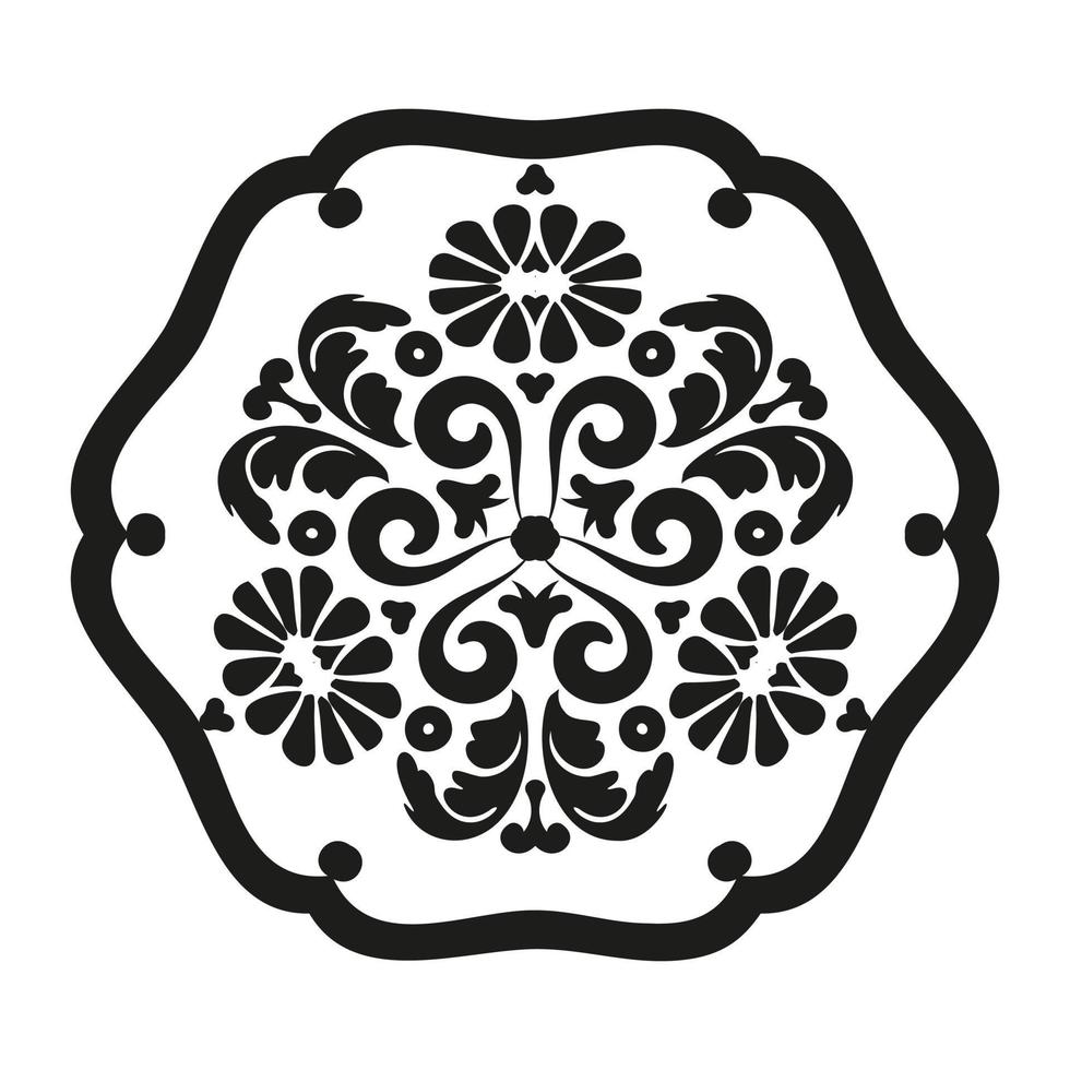 ornamento redondo decorativo em estilo antigo. mandala de flores. padrão de damasco para corte a laser, renda, tatuagem. Preto e branco. vetor