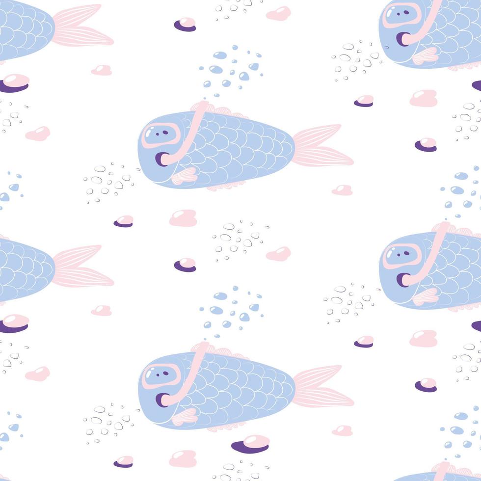 peixe engraçado dos desenhos animados em máscara subaquática em fundo branco. padrão de vetor sem costura com peixe azul dos desenhos animados com barbatanas cor de rosa. para design infantil. padrão de tecido. peixe debaixo d'água.