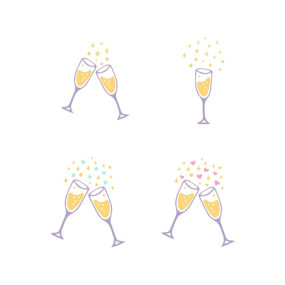 copos com ícone de conjunto de champanhe. estilo doodle desenhado à mão. , minimalismo. feriado, festa, amor, dia dos namorados, aniversário de casamento aniversário feriado cheers vetor