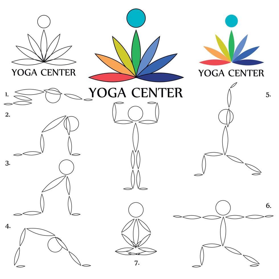 centro de ioga. ícones com logotipo e poses para o centro de yoga. vetor