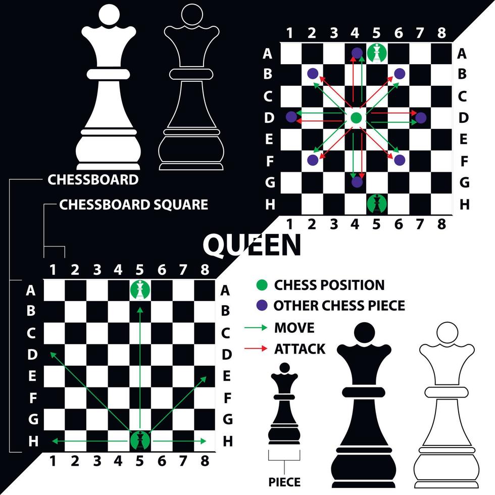 rainha. peça de xadrez feita na forma de ilustrações e ícones. rainha preta e branca com uma descrição da posição no tabuleiro e movimentos. material educacional para jogadores de xadrez iniciantes. vetor