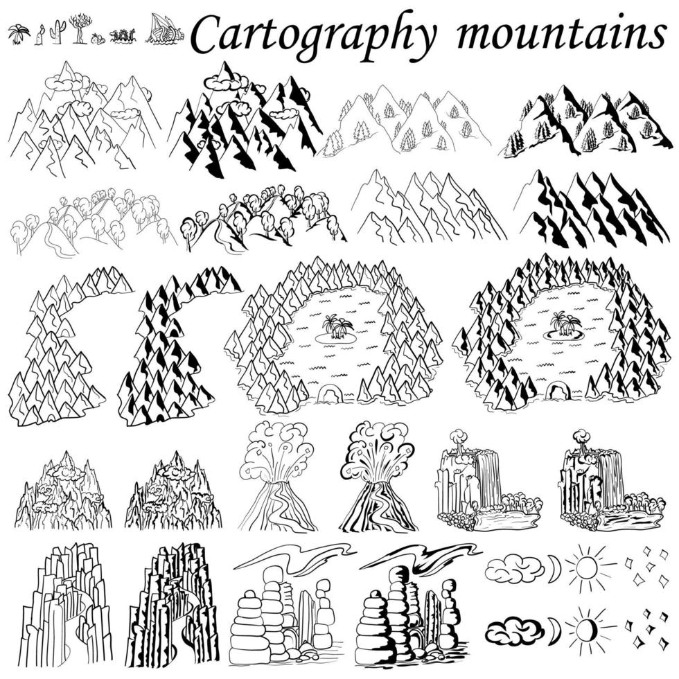 cartografia. as montanhas. elementos para criar mapas de fantasia ou jogos. mar, oceano e montanhas com florestas, colinas. conjunto desenhado à mão em preto e branco. vetor
