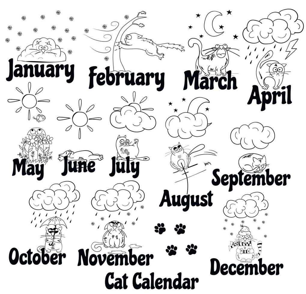 calendário do gato. gato engraçado desenhado à mão em diferentes épocas do ano. ilustração do clima e das estações. a reação do gato ao clima. vetor