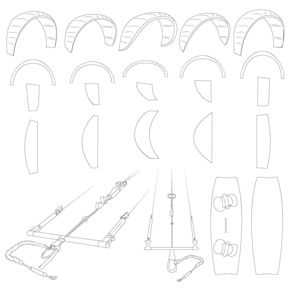 kitesurf ou kitesurf. ilustração detalhada de equipamentos esportivos. variedade de pipas. vetor