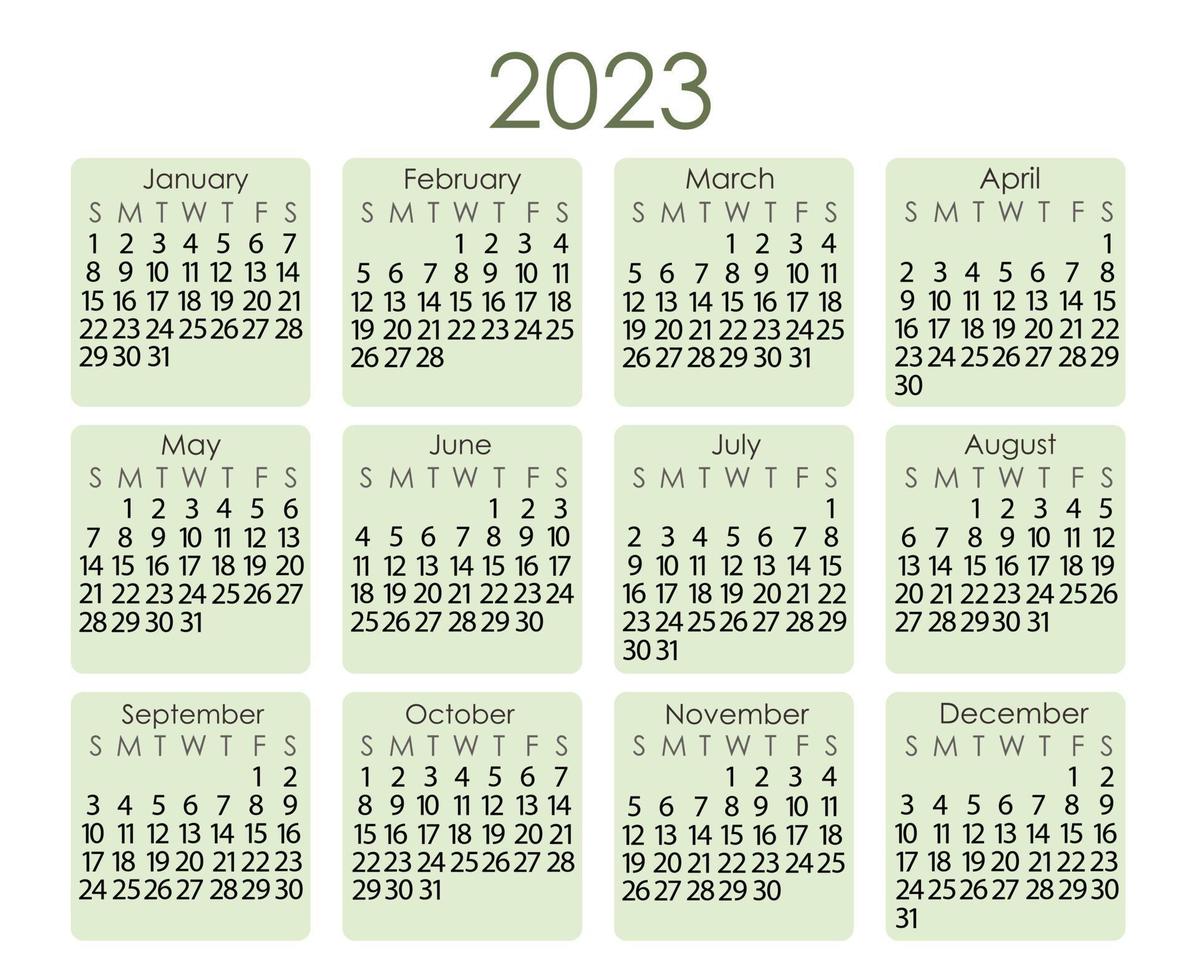 modelo de calendário para o ano de 2023 em estilo minimalista simples, formas quadradas verdes claras coloridas abstratas no fundo, semana começa no domingo, página para impressão vetorial vetor