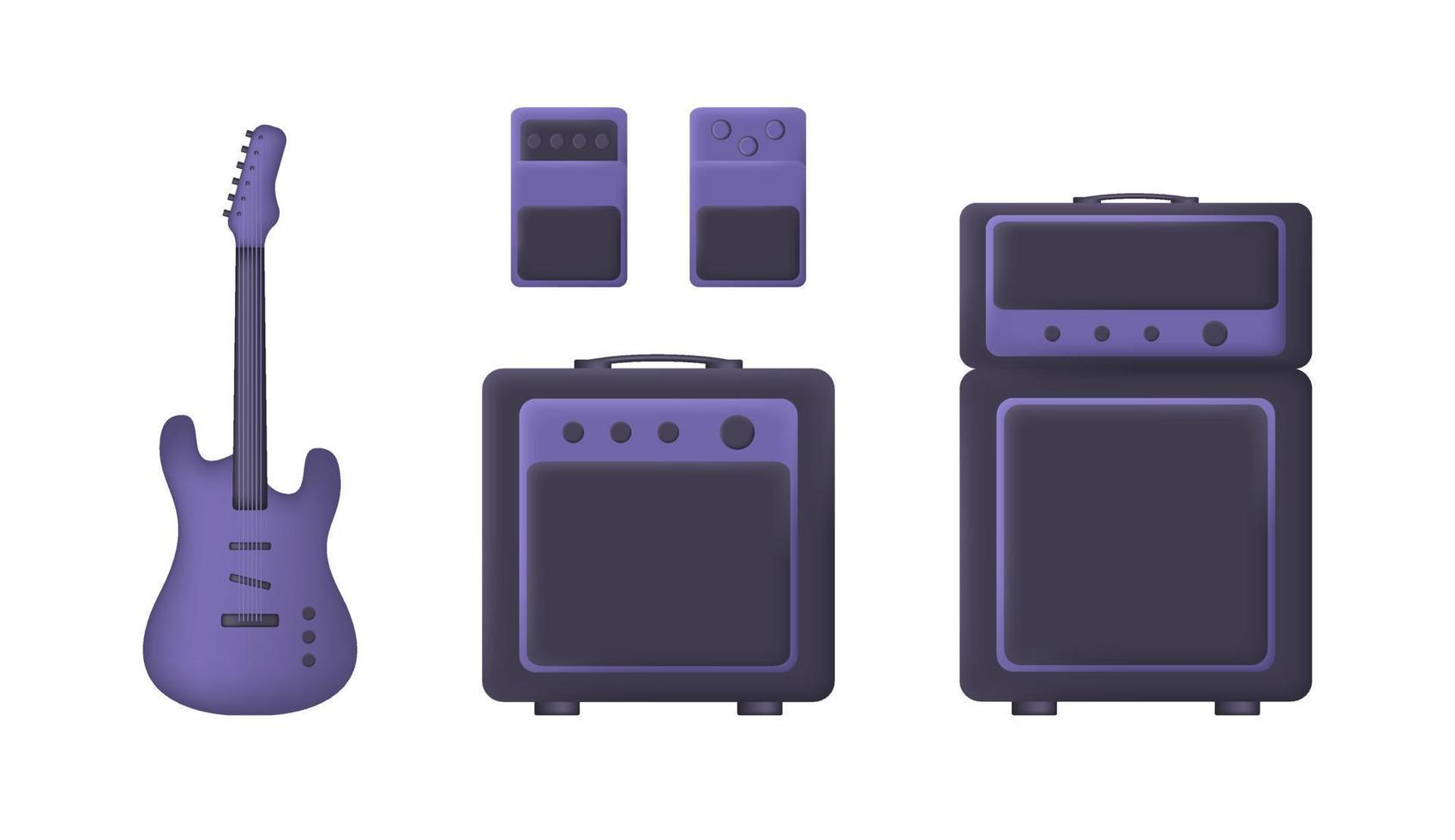 conjunto 3d roxo de pedais de guitarra, amplificador e guitarra elétrica isolados no fundo branco. ilustração vetorial vetor