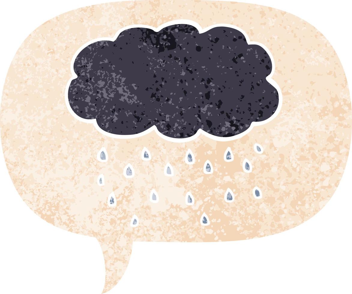 nuvem de desenho animado chovendo e bolha de fala em estilo retrô texturizado vetor