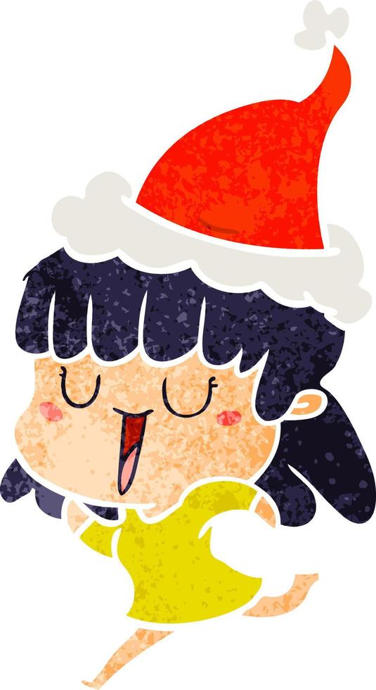 desenho retrô de uma mulher usando chapéu de papai noel vetor