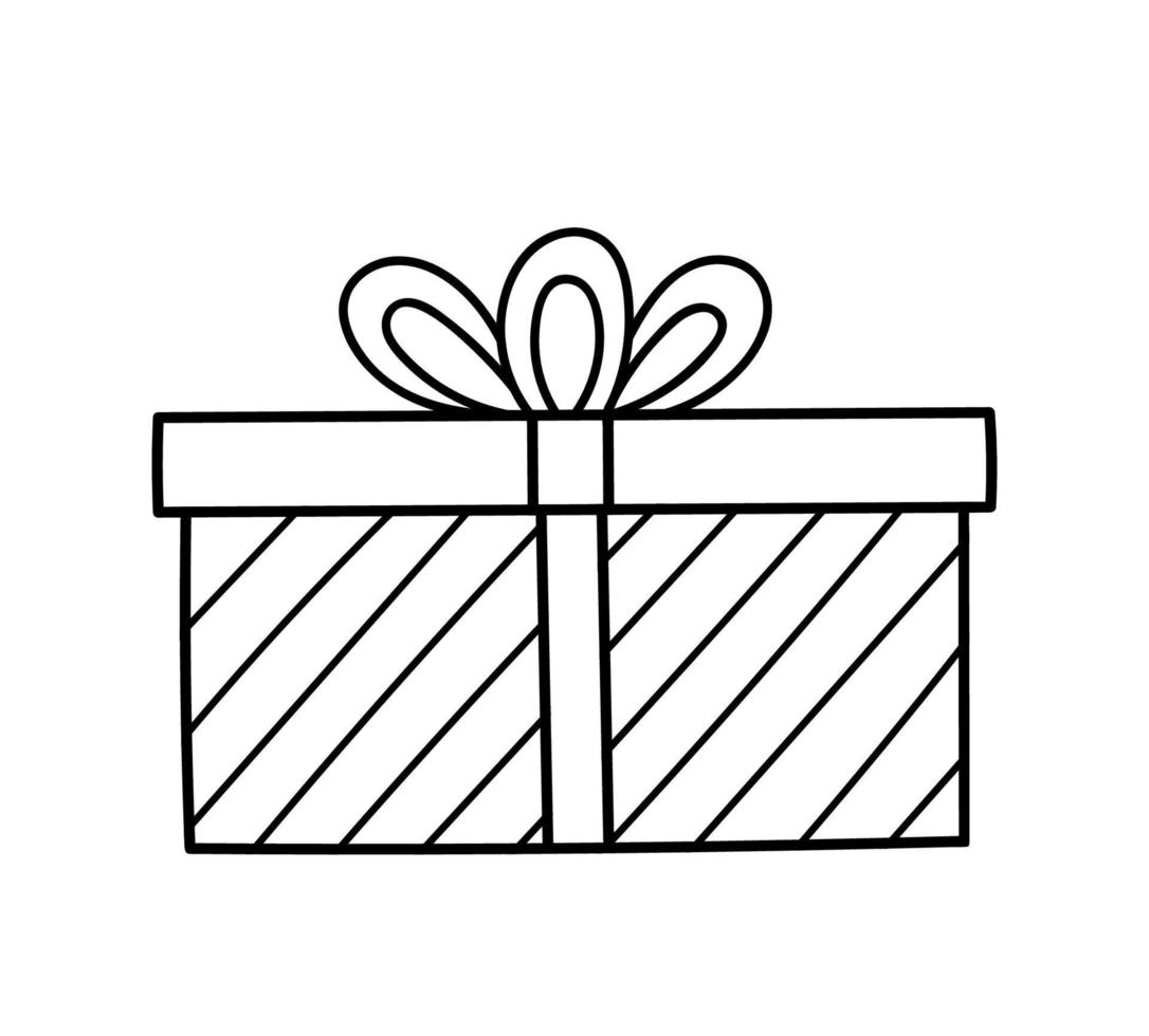 caixa de presente com fita festiva e um laço isolado no fundo branco. ilustração vetorial desenhada à mão em estilo doodle. perfeito para projetos de férias e Natal, cartões, decorações, logotipo. vetor