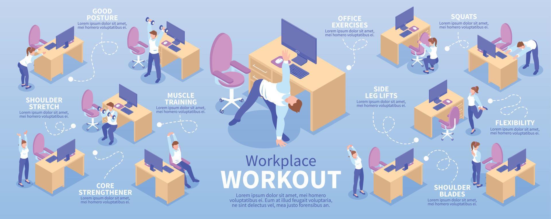 infográfico de treino colorido isométrico no local de trabalho vetor