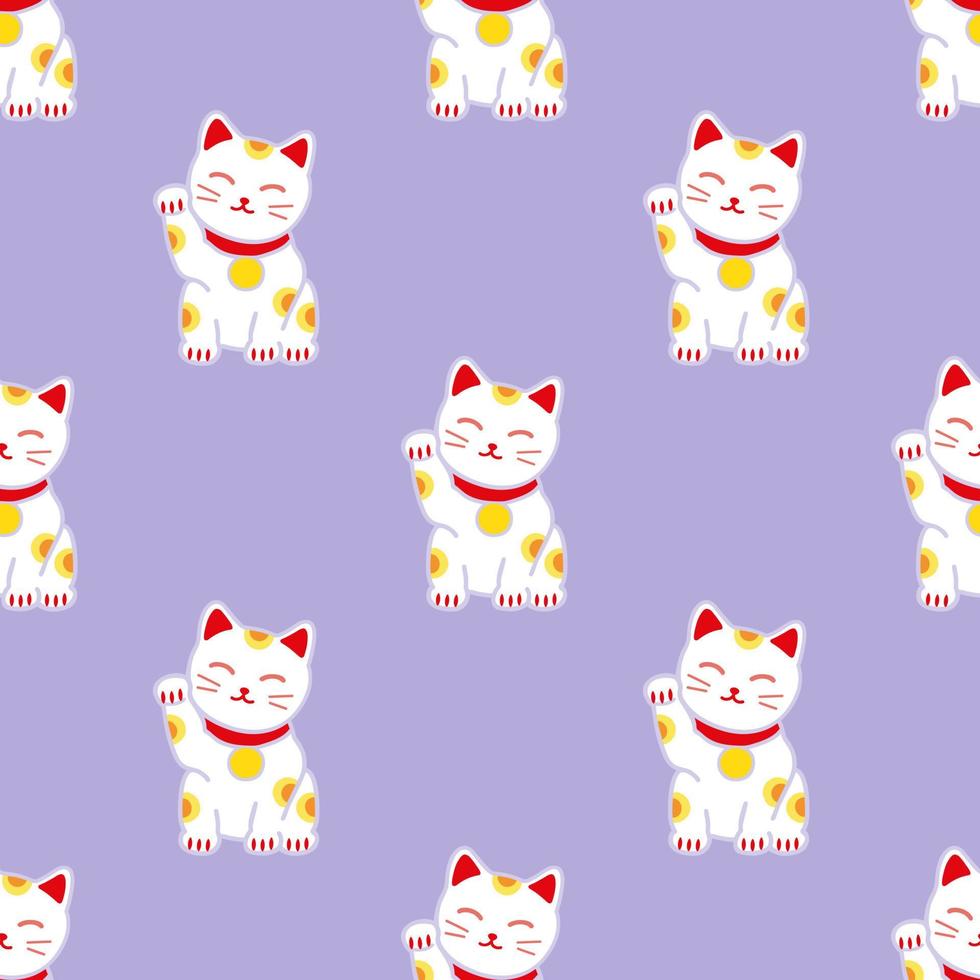 maneki neko dando boas-vindas ao padrão sem emenda do gato. símbolo de boa sorte, fortuna e prosperidade. ilustração vetorial de estilo doodle de gato japonês vetor