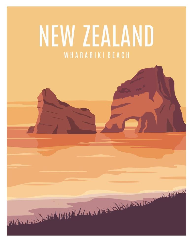 ilustração paisagem fundo de praia wharariki. viajar para nelson, ilha norte, nova zelândia. vetor para pôster, cartão postal, impressão de arte.