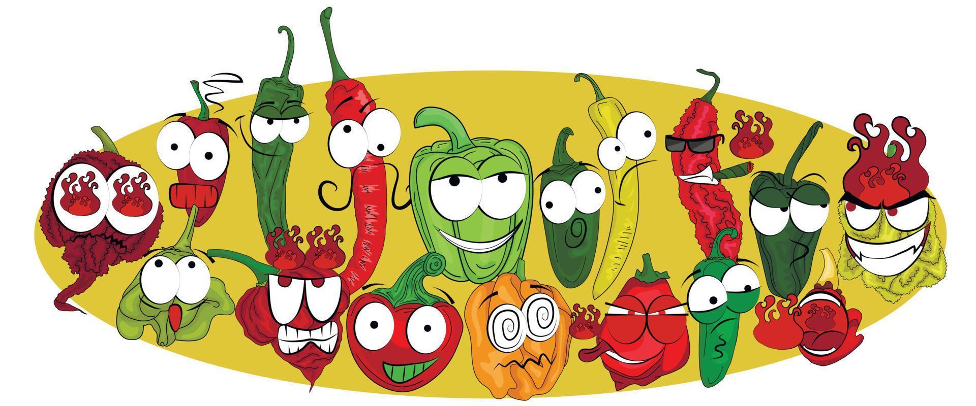 ilustração de pimenta de doce a muito quente em um fundo colorido. pimentas desenhadas em estilo cartoon com emoções diferentes. vetor