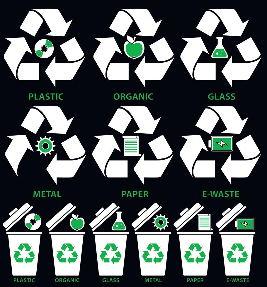 ícones de lata de lixo com diferentes tipos de lixo orgânico, plástico, metal, papel, vidro, lixo eletrônico em estilo simples, isolado no fundo preto. vetor. para triagem e segregação do lixo. vetor