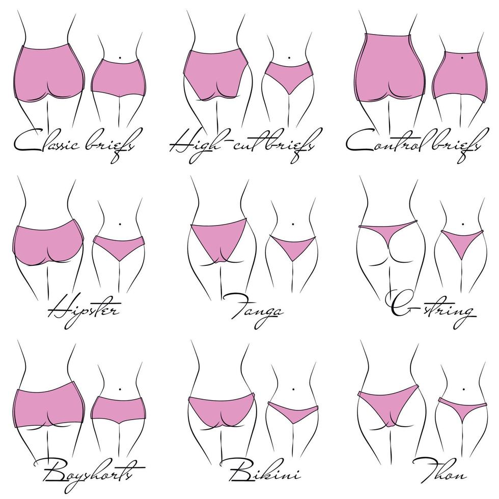 ilustração do design e variedade de calcinhas femininas. modelos de lingerie desenhados à mão. calcinhas são classificadas em vários estilos com base em critérios. vetor