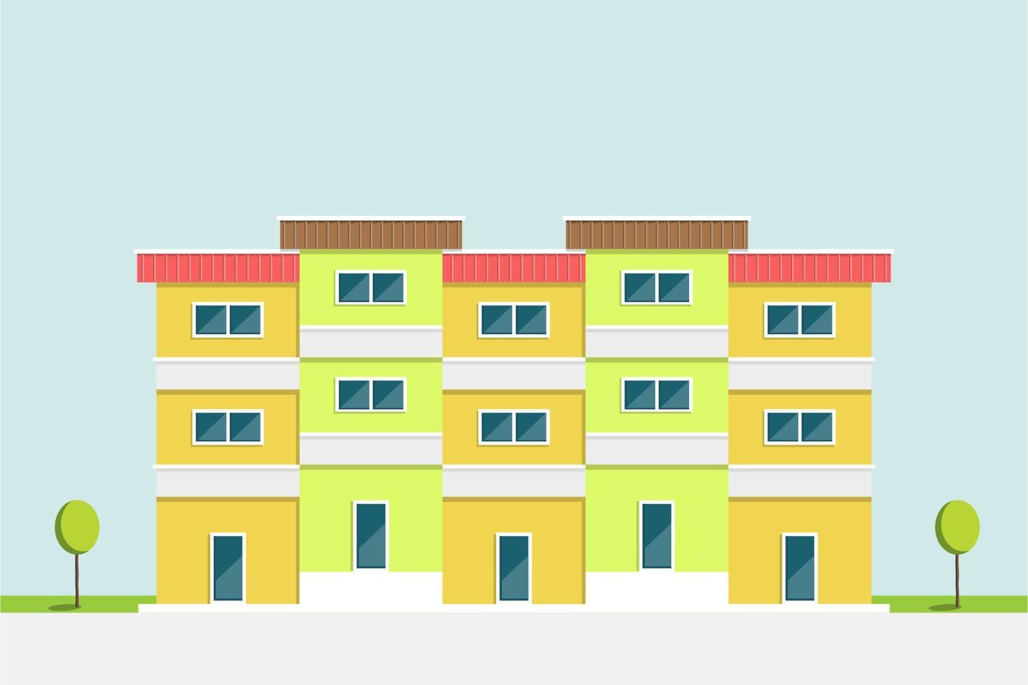 design plano, edifício de apartamentos verde e amarelo estilo asiático com fundo de céu azul claro, ilustração vetorial vetor