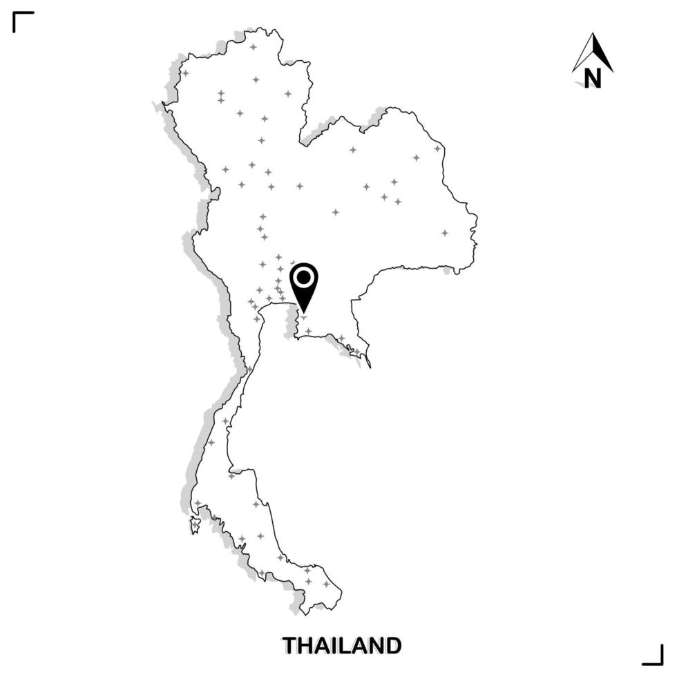 desenho gráfico de contorno de mapa da tailândia com localização de marcação em fundo branco, ilustração vetorial vetor