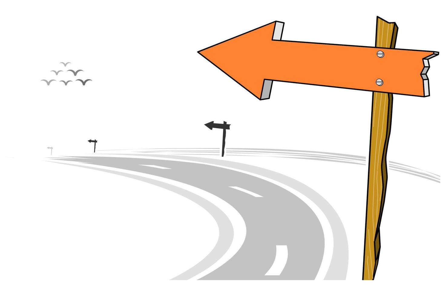 poste de sinal de seta de madeira na estrada, estrada curva à esquerda, ilustração vetorial vetor