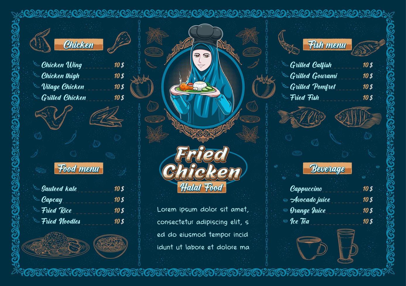 modelo de menu de frango frito, comida halal vetor