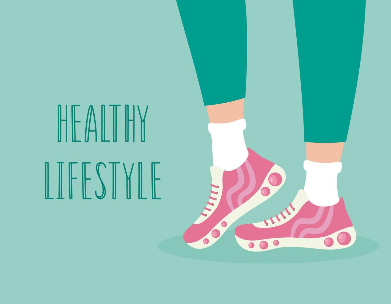 conceito de estilo de vida saudável. cartaz de vetor com pernas de mulher em tênis esportivos. fundo de aptidão. ilustração plana