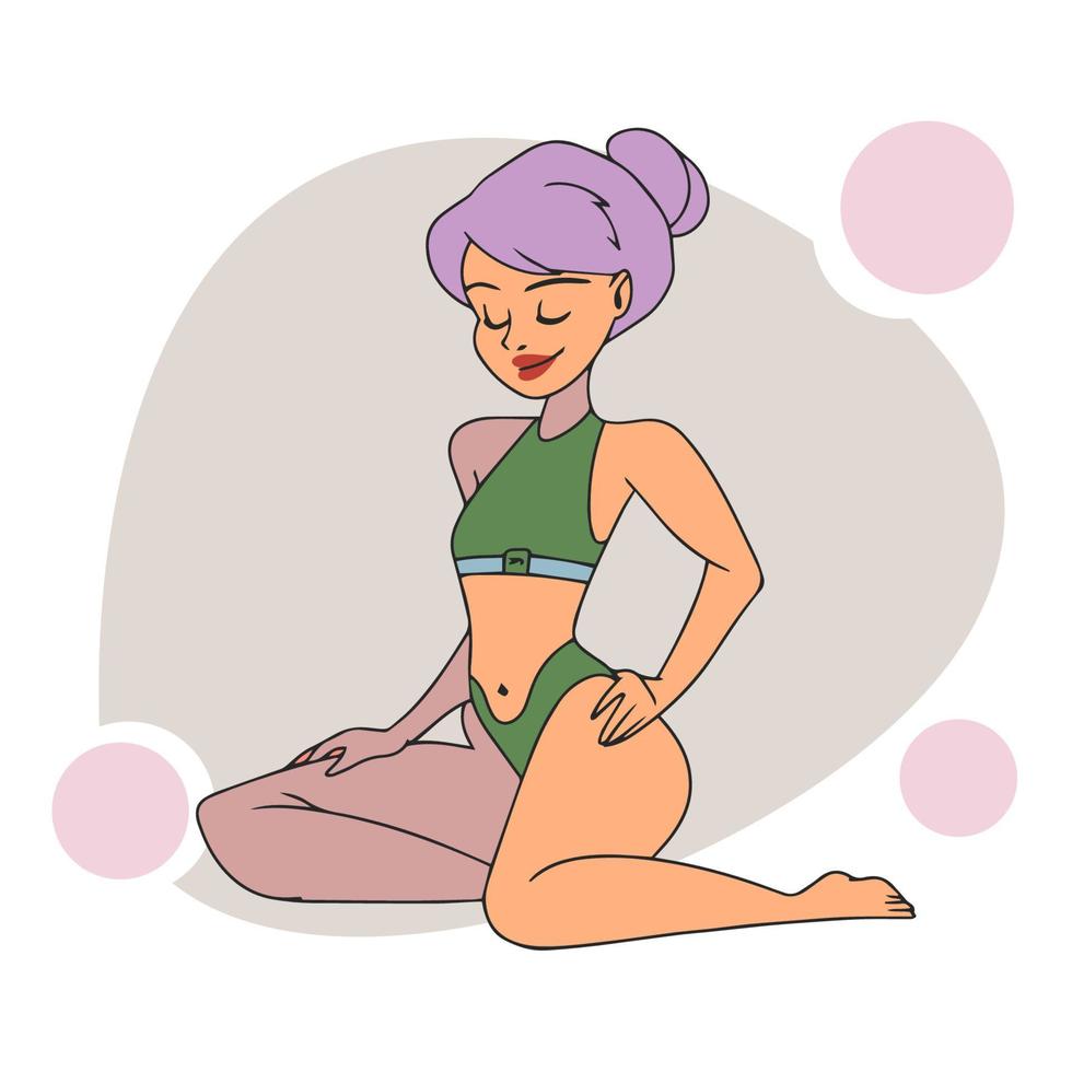 uma garota com uma figura esbelta na praia, em um maiô, banhos de sol, temporada de verão, estilo cartoon, doodle vetor