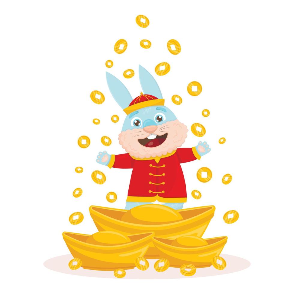 coelho azul bonito dos desenhos animados em um traje nacional chinês está de pé na chuva de dinheiro e barras de ouro vetor