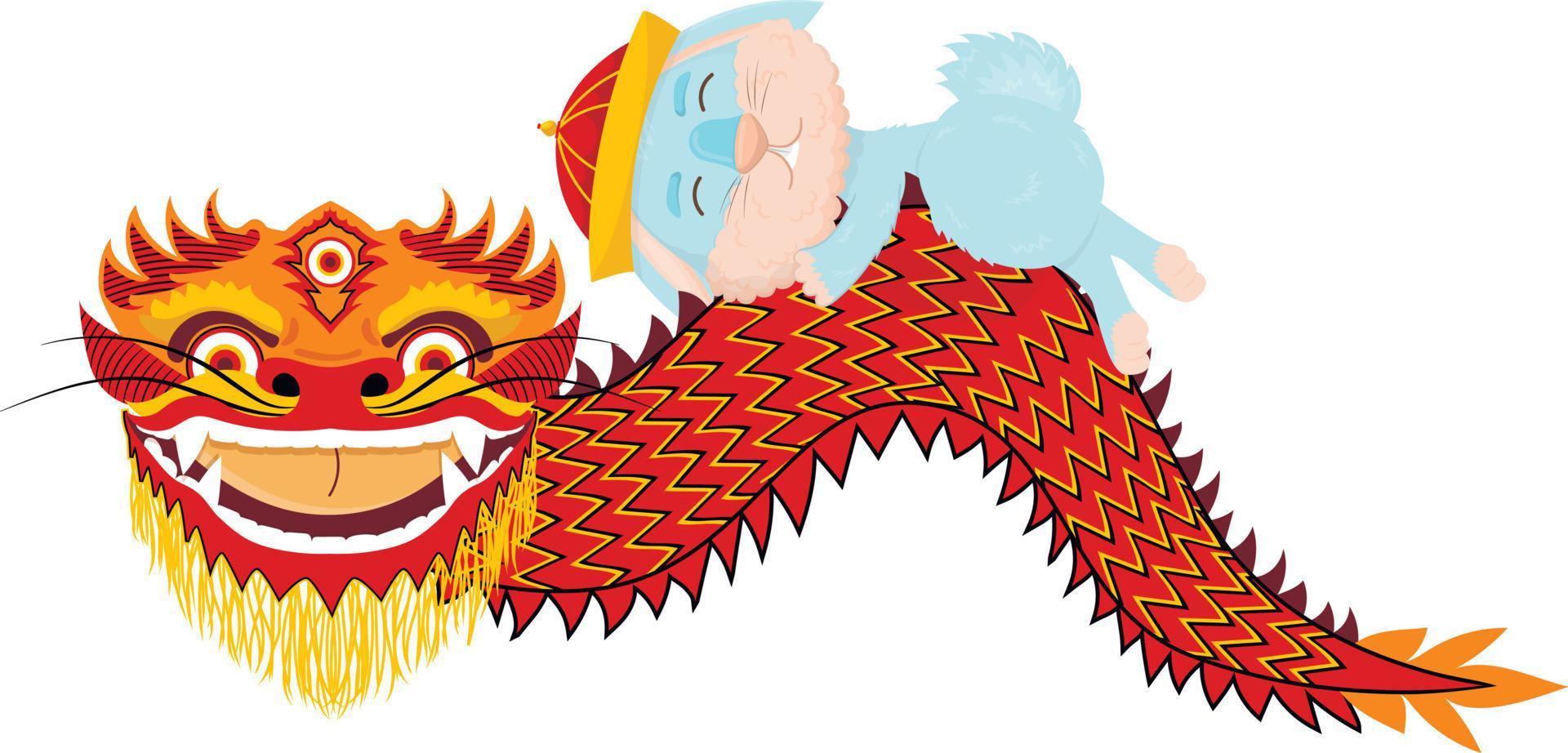 coelho azul bonito dos desenhos animados em um chapéu nacional chinês está dormindo em um dragão vetor