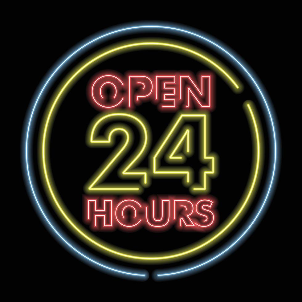 ilustração 24h. ícone aberto 24h. abra o sinal de néon vetorial vinte e quatro horas. vetor
