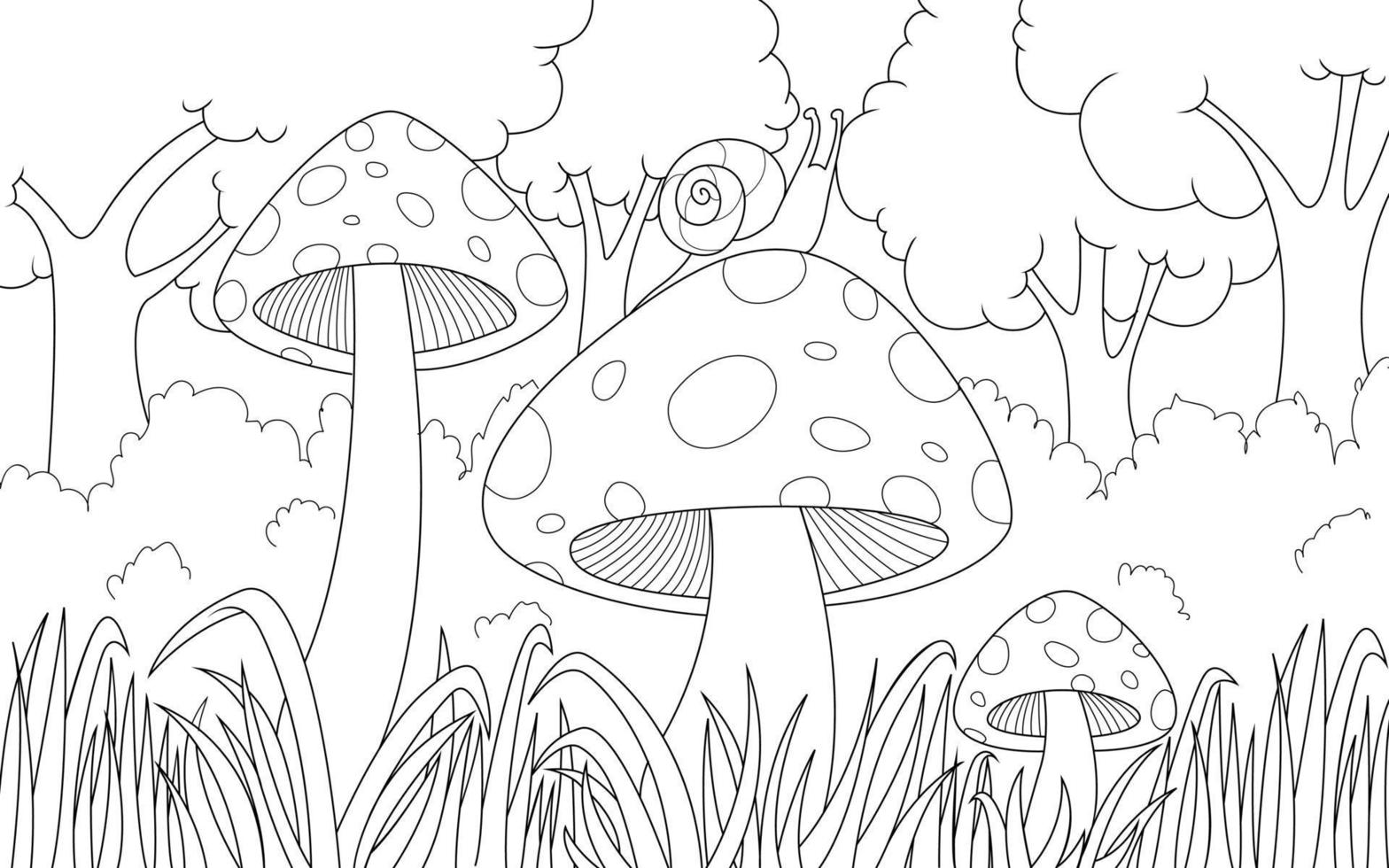 ilustração para colorir infantil com cogumelos e caracol vetor